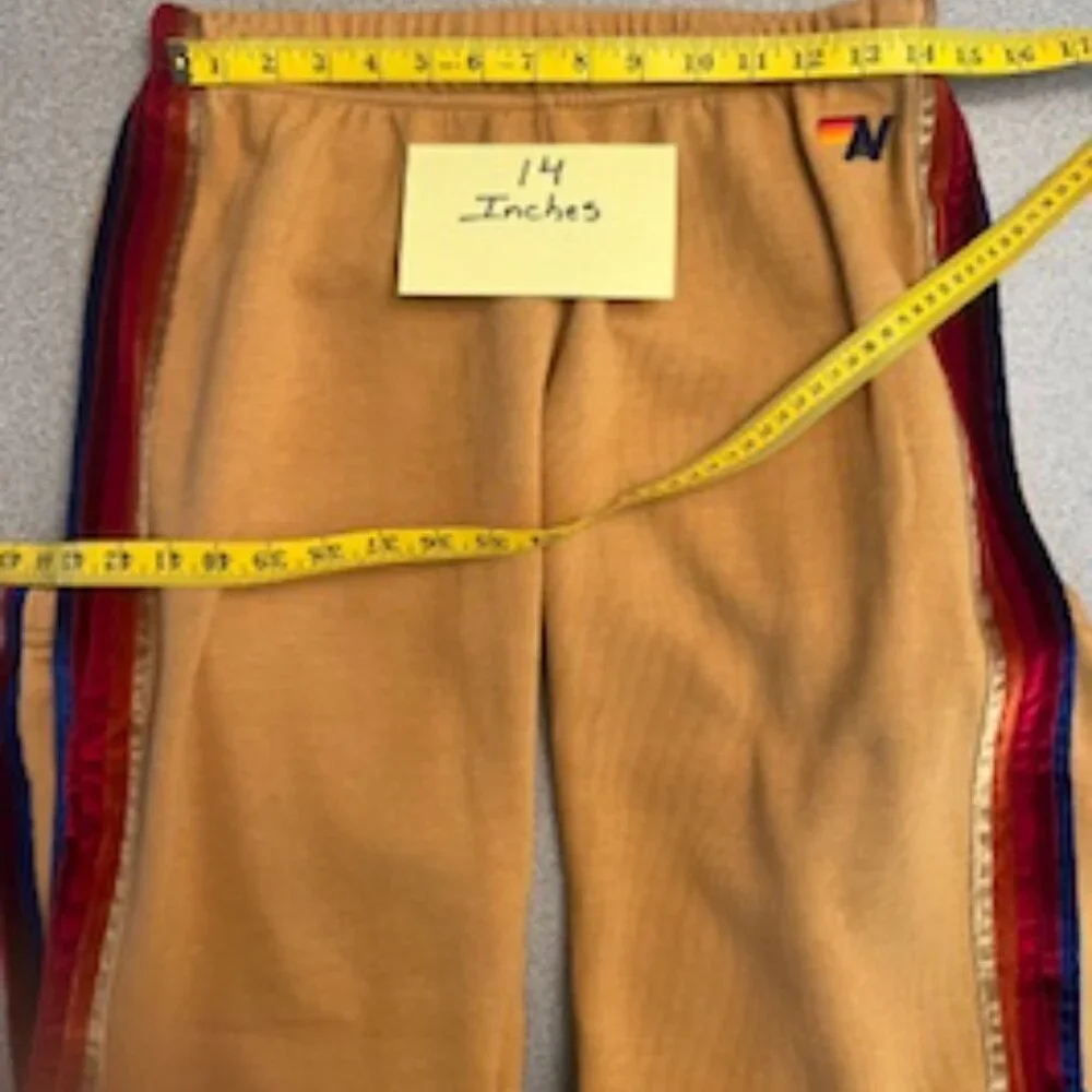 AVIATOR NATION 5 Stripe Sweatpants Joggers L Gold Khaki Velvet Retro Athleisure - Picture 6 of 8